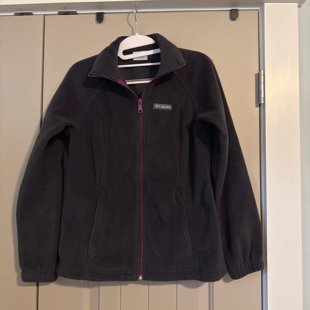 Columbia Charcoal Gray Fleece Jacket with Purple Zipper Accents